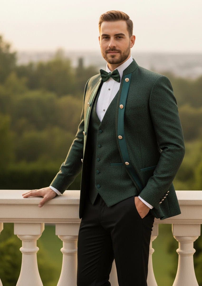 Jade Overlord Emerald Green Paisley Jacquard 3-Piece Slim Fit Tuxedo