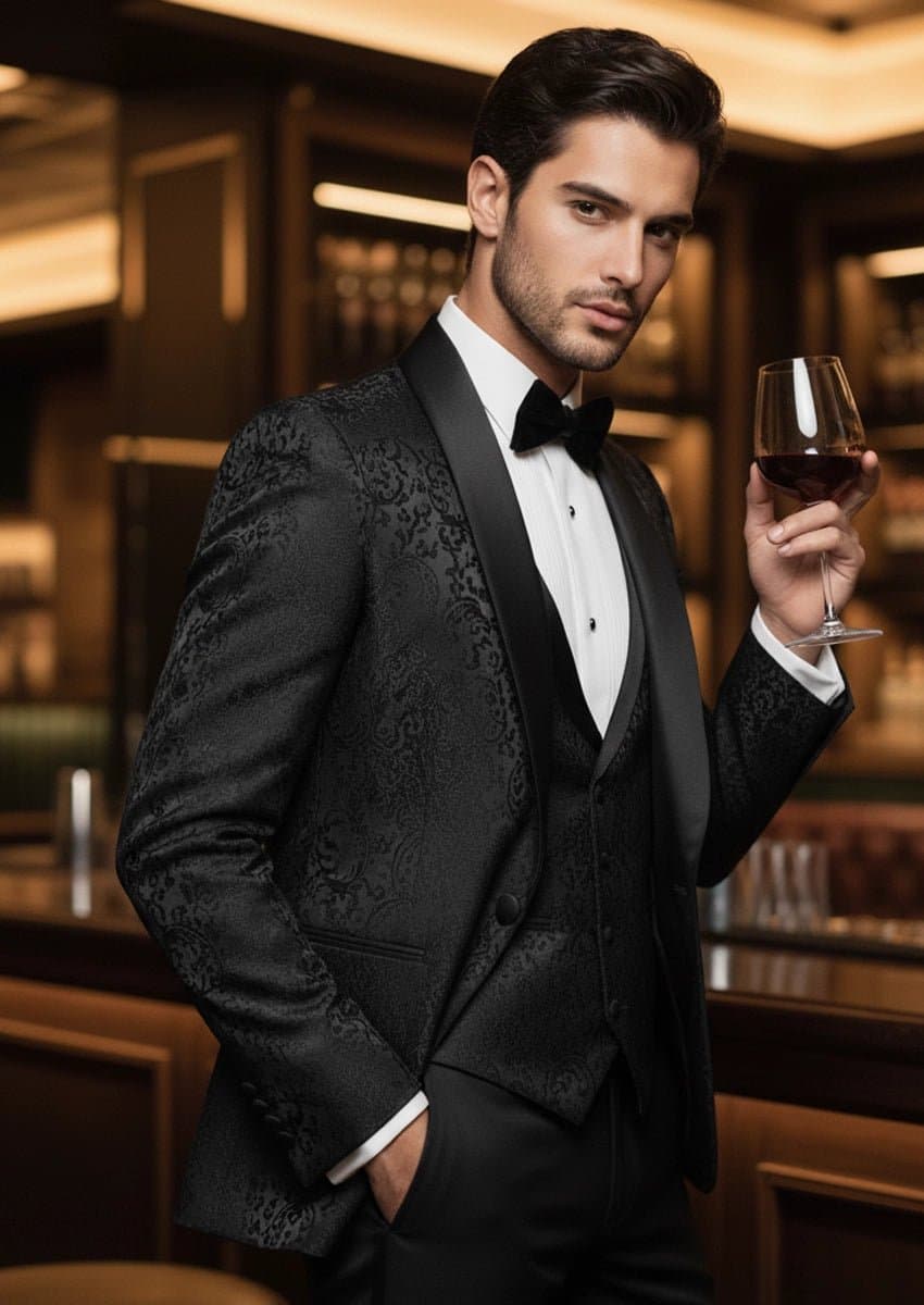 Onyx Monarch Black Jacquard 3-Piece Tuxedo with Shawl Collar Slim Fit