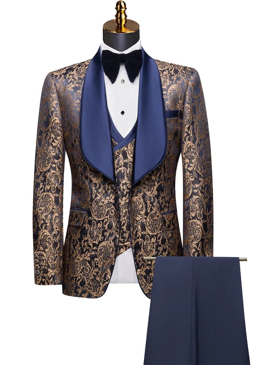 Sapphire Dynasty Navy Gold Jacquard 3-Piece Tuxedo Slim Fit Jacket Vest Trousers