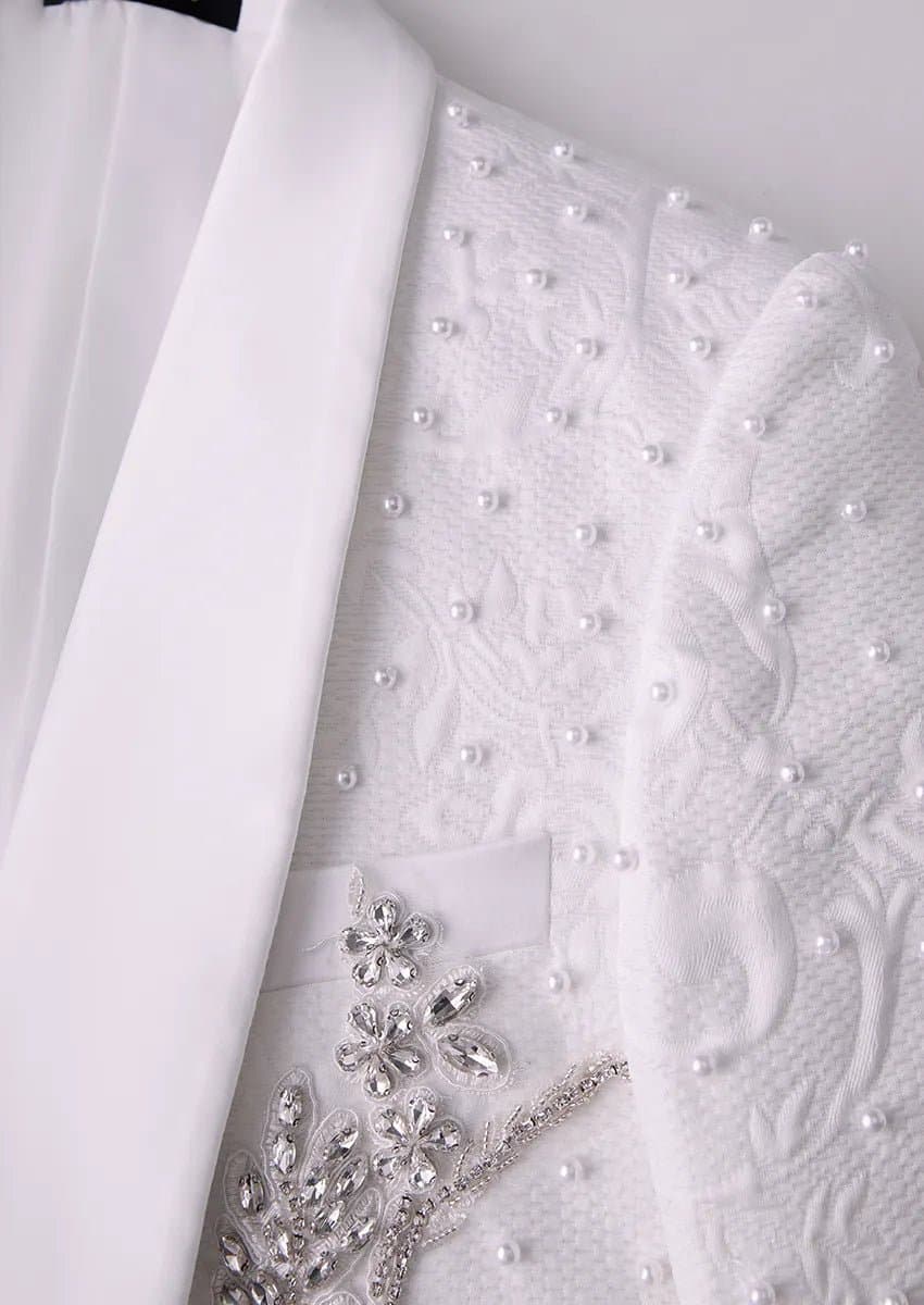 Pearl Symphony White 3D Jacquard Crystal 3-Piece Tuxedo Suit Jacket Vest Trousers