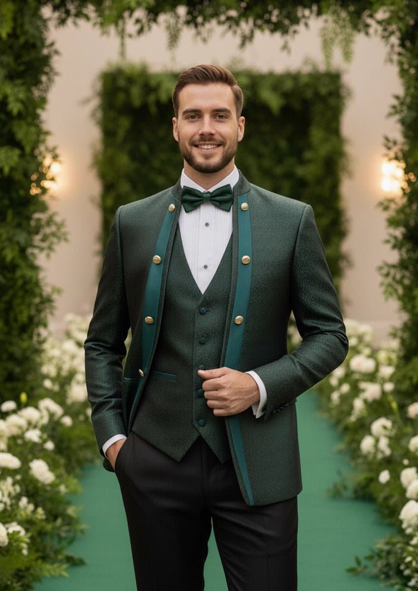 Jade Overlord Emerald Green Paisley Jacquard 3-Piece Slim Fit Tuxedo