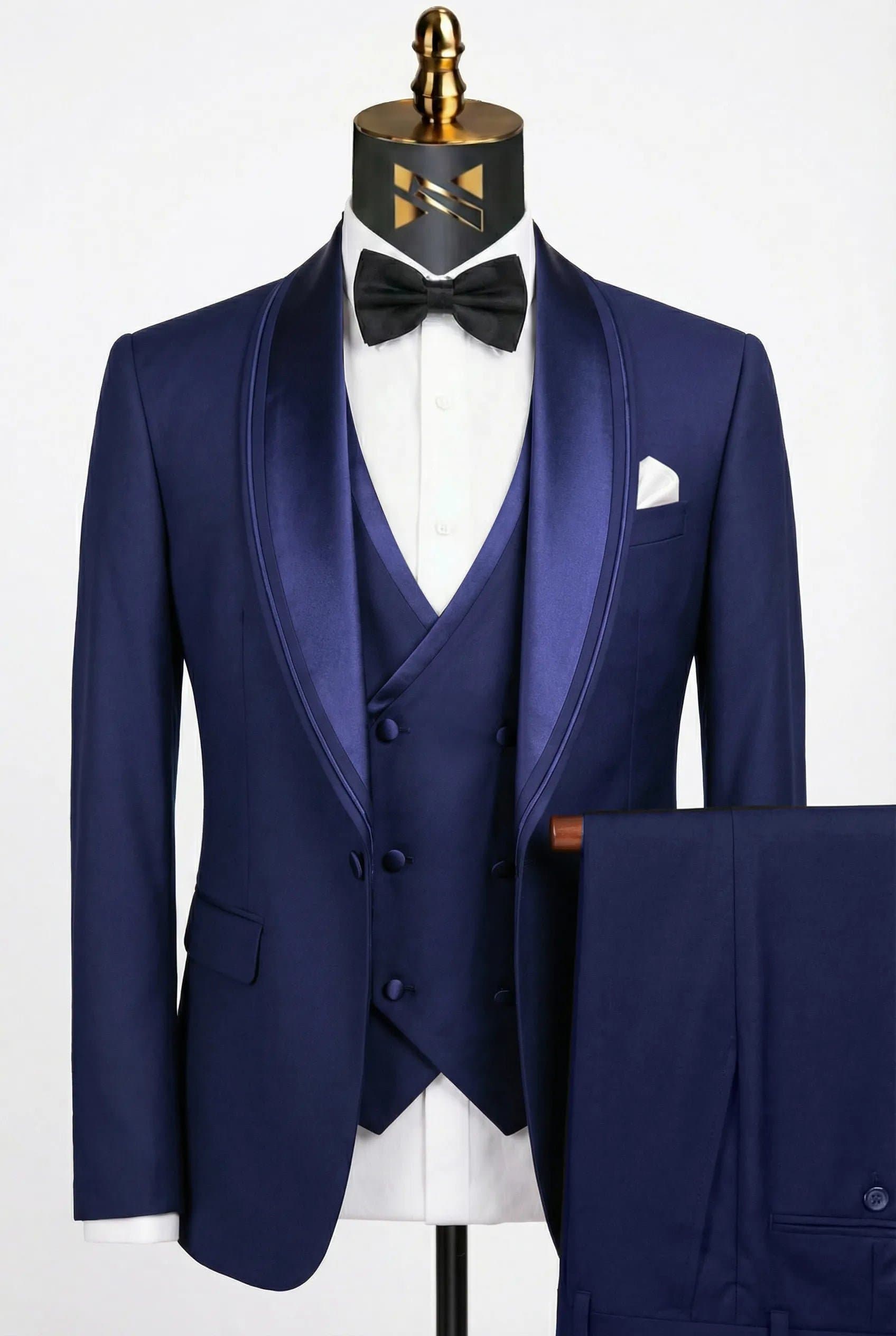 Navy Satin Shawl Collar 3-Piece Tuxedo Suit - Slim Fit Jacket Vest Trousers