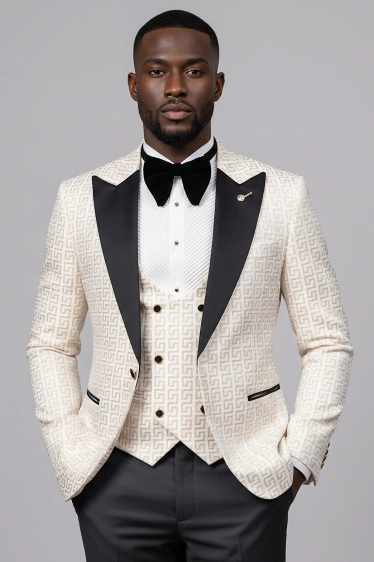 Alabaster Pantheon White & Gold Jacquard 3-Piece Slim Fit Tuxedo Jacket Vest Trousers