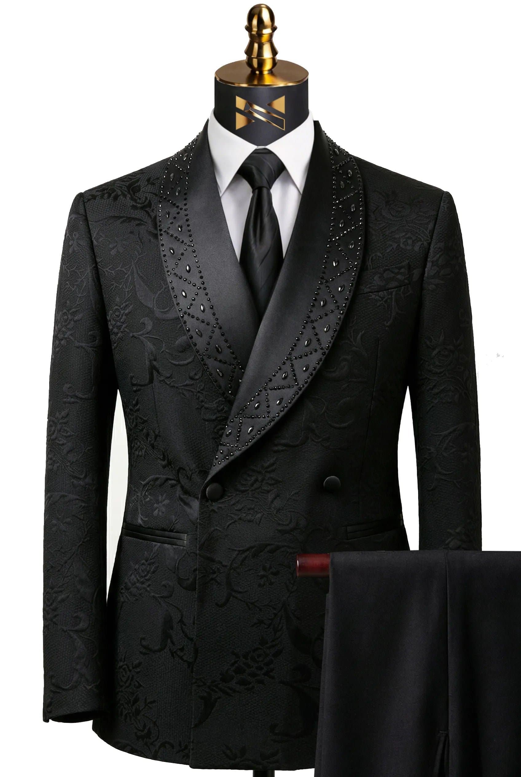 Onyx Prism Black Jacquard Diamond 2-Piece Tuxedo Set - Double-Breasted Jacket and Trousers