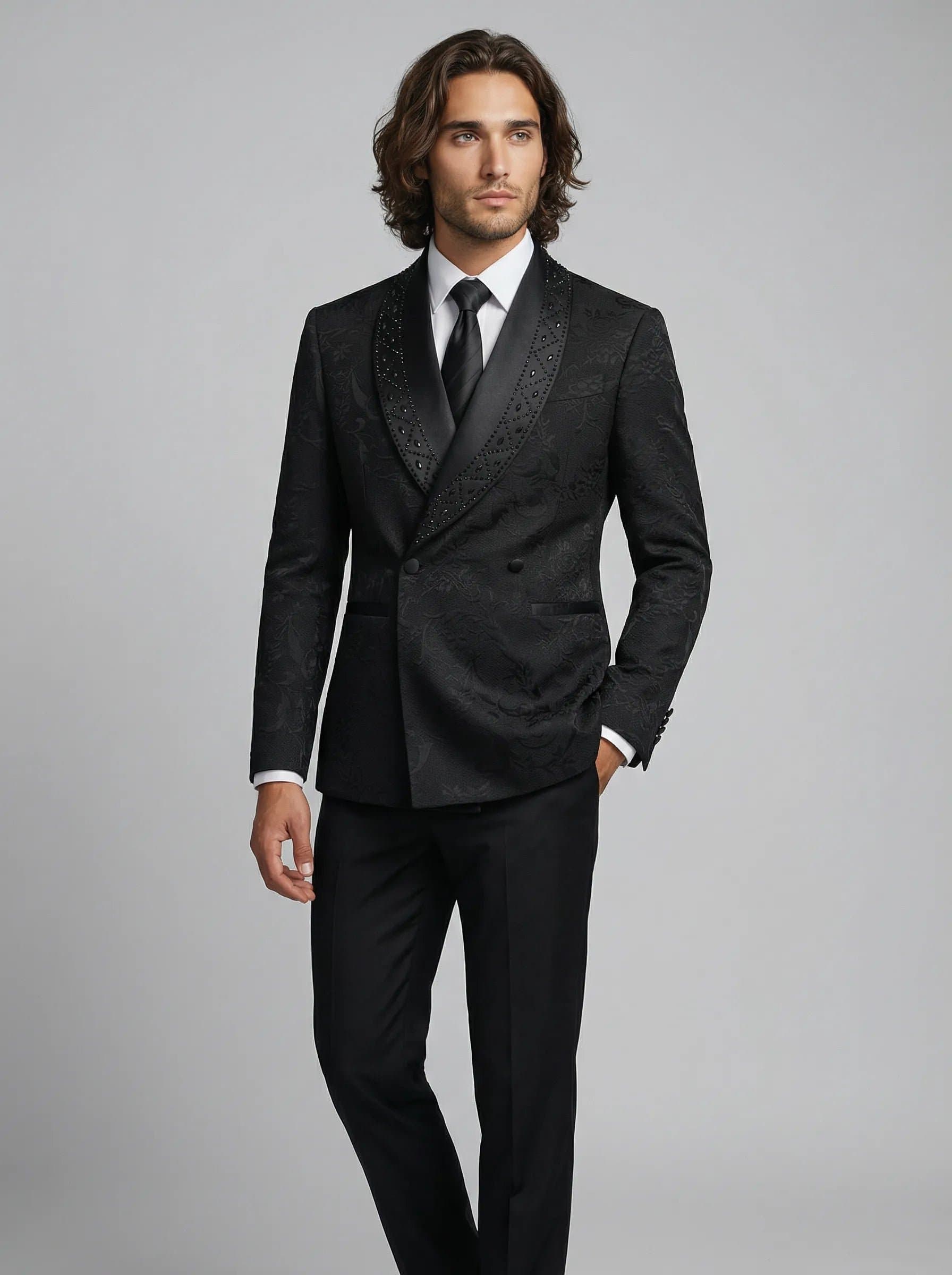 Onyx Prism Black Jacquard Diamond 2-Piece Tuxedo Set - Double-Breasted Jacket and Trousers