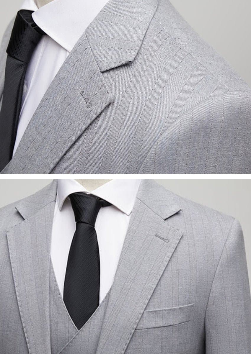 Sterling Pinstripe Light Grey Textured 3-Piece Suit Set - Modern Slim Fit Jacket Vest Trousers