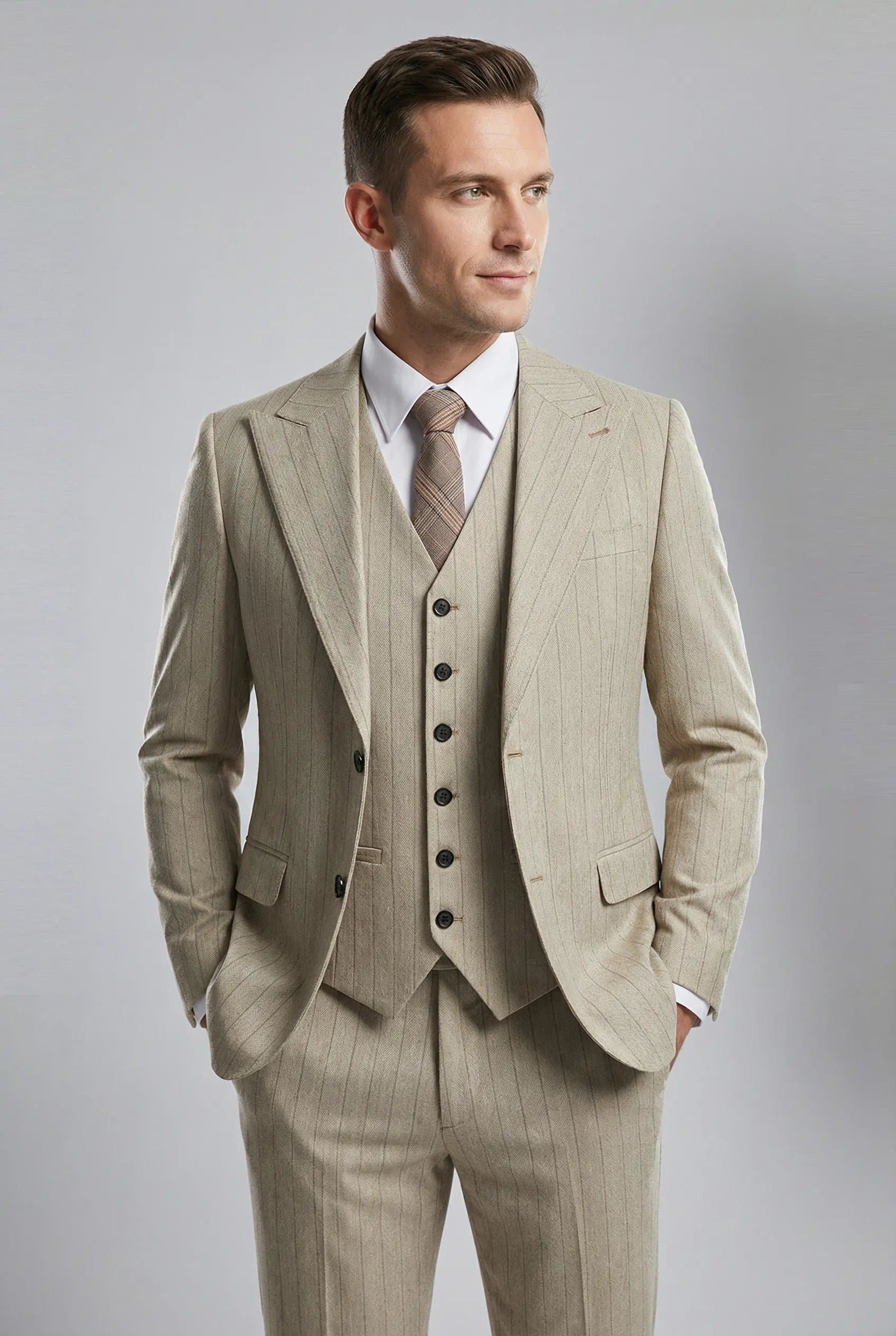 Khaki Herringbone Pinstripe 3-Piece Suit Set - Jacket Vest Trousers Modern Slim Fit