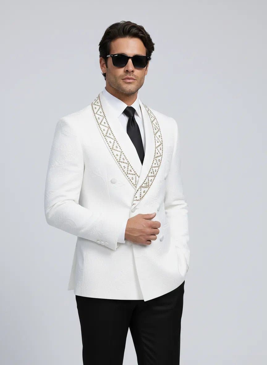 White Jacquard Crystal Shawl Collar Double-Breasted Tuxedo Set 2-Piece with Black Trousers