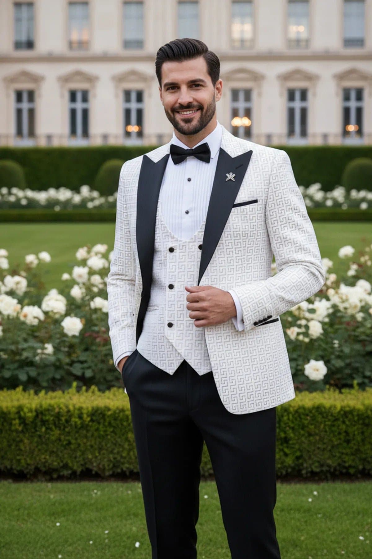 Alabaster Pantheon White & Gold Jacquard 3-Piece Slim Fit Tuxedo Jacket Vest Trousers