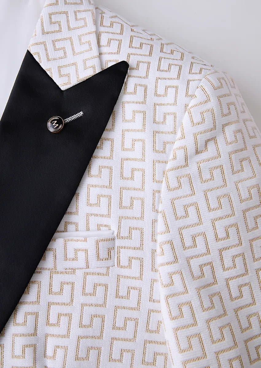 Alabaster Pantheon White & Gold Jacquard 3-Piece Slim Fit Tuxedo Jacket Vest Trousers