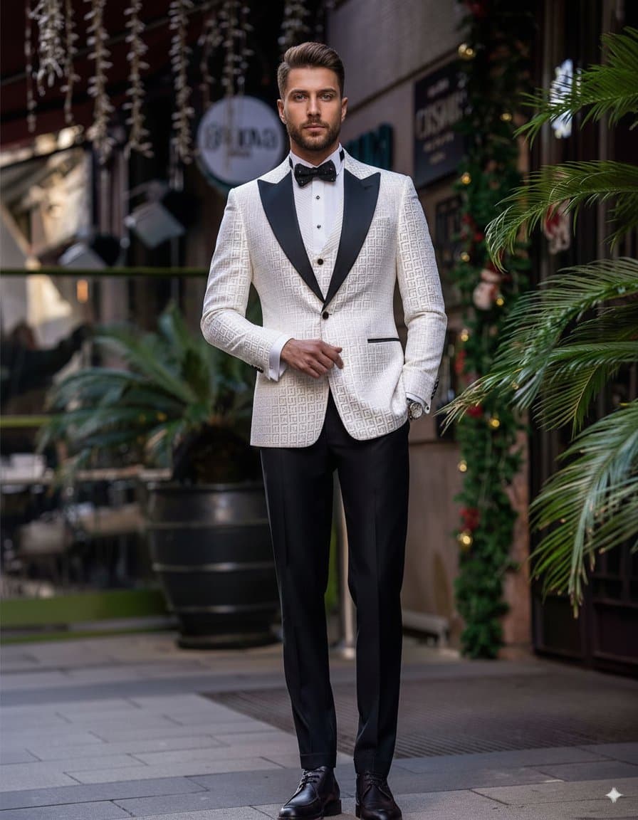 Alabaster Pantheon White & Gold Jacquard 3-Piece Slim Fit Tuxedo Jacket Vest Trousers