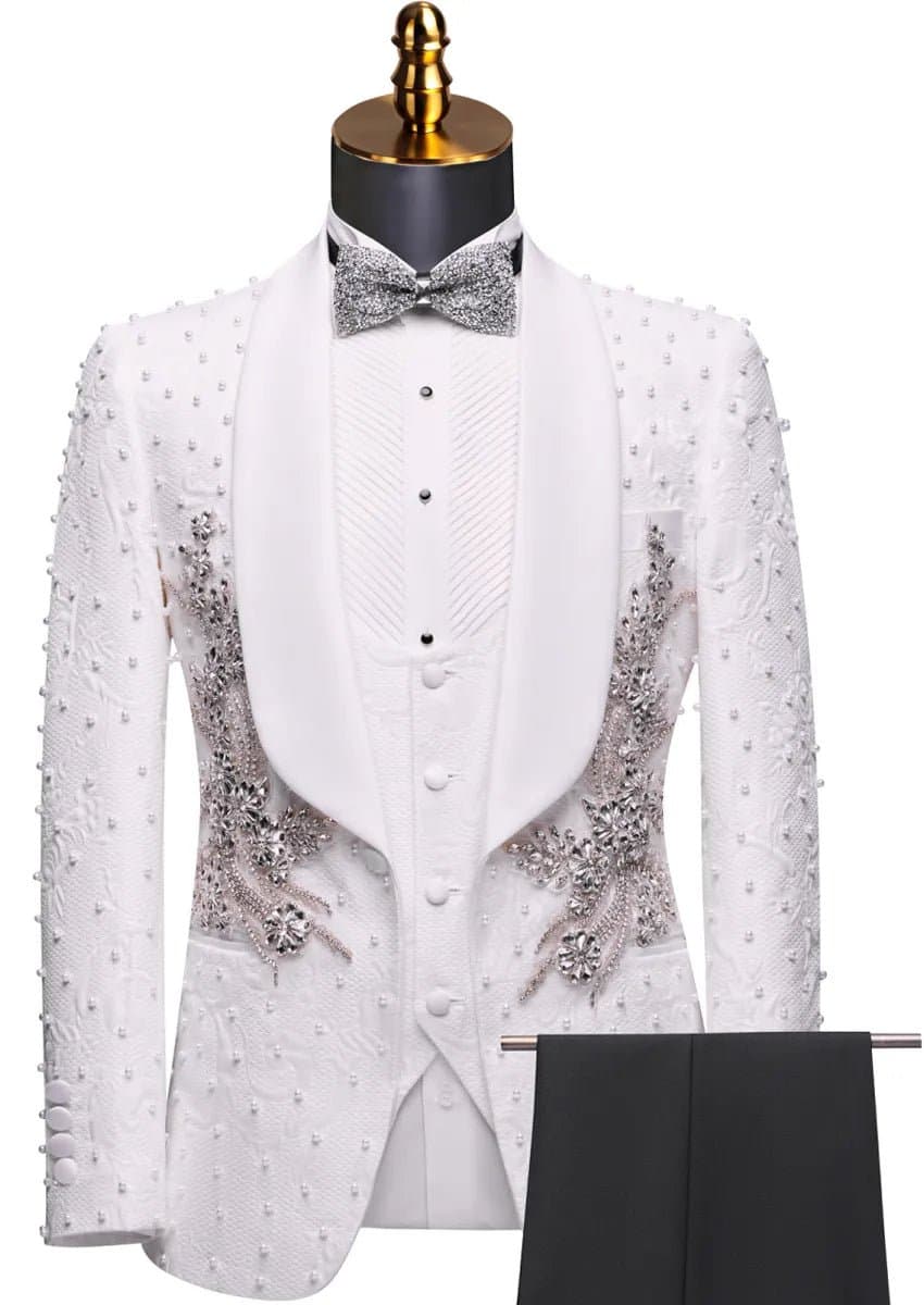 Pearl Symphony White 3D Jacquard Crystal 3-Piece Tuxedo Suit Jacket Vest Trousers