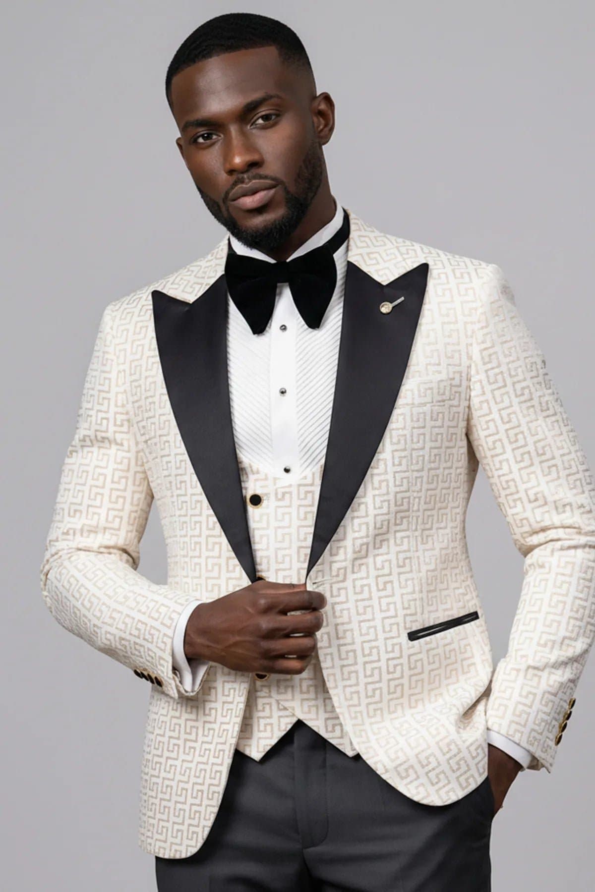 Alabaster Pantheon White & Gold Jacquard 3-Piece Slim Fit Tuxedo Jacket Vest Trousers