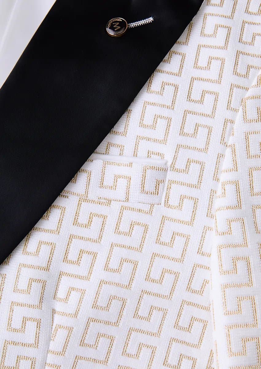 Alabaster Pantheon White & Gold Jacquard 3-Piece Slim Fit Tuxedo Jacket Vest Trousers