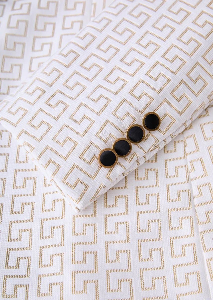 Alabaster Pantheon White & Gold Jacquard 3-Piece Slim Fit Tuxedo Jacket Vest Trousers