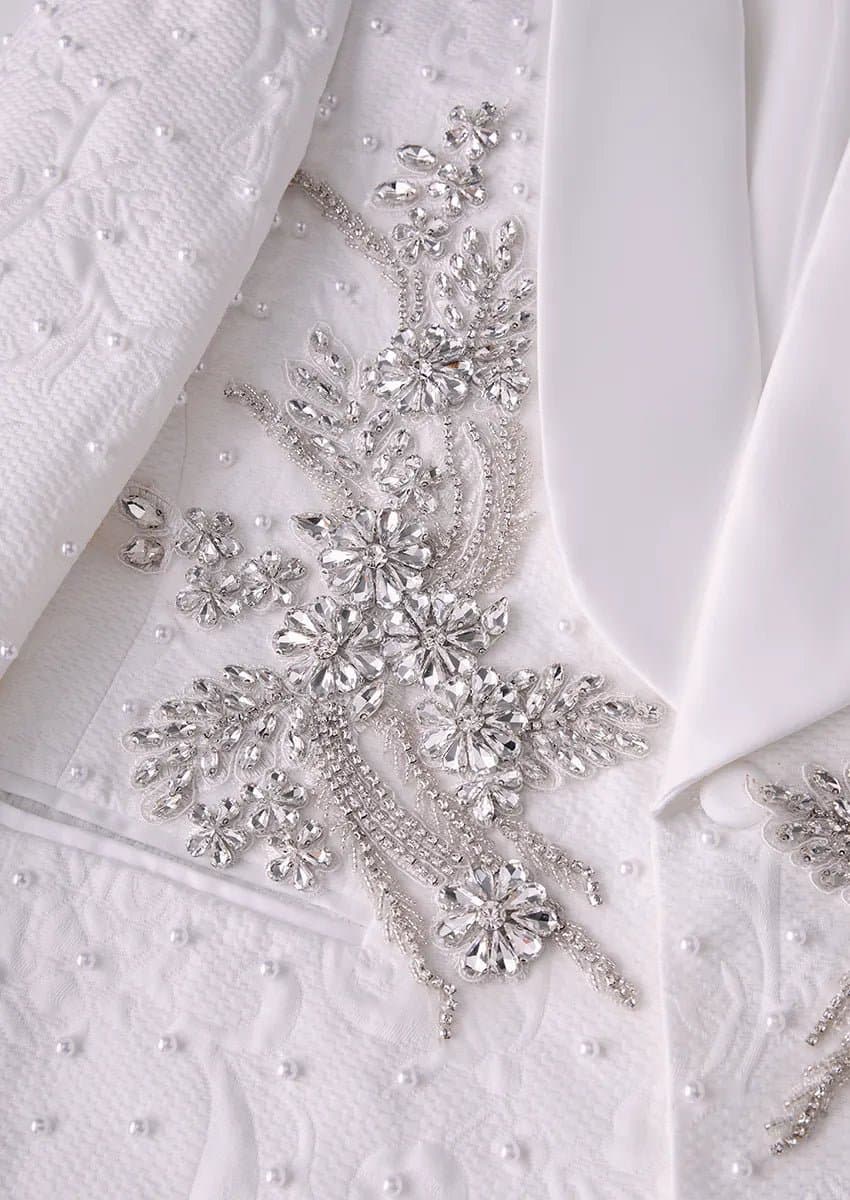 Pearl Symphony White 3D Jacquard Crystal 3-Piece Tuxedo Suit Jacket Vest Trousers