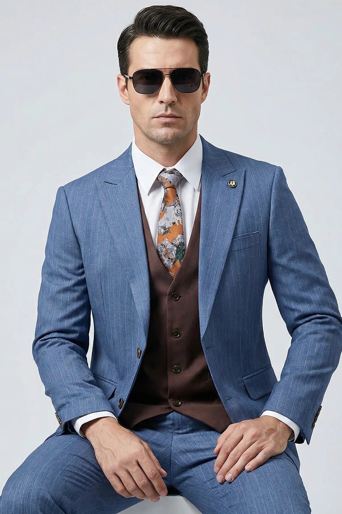Steel Blue Pinstripe 3-Piece Suit Set with Coffee Brown Vest - Slim Fit Jacket Trousers