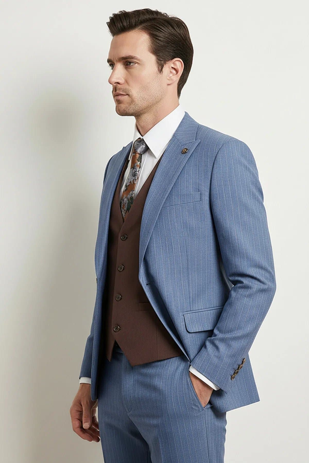 Steel Blue Pinstripe 3-Piece Suit Set with Coffee Brown Vest - Slim Fit Jacket Trousers