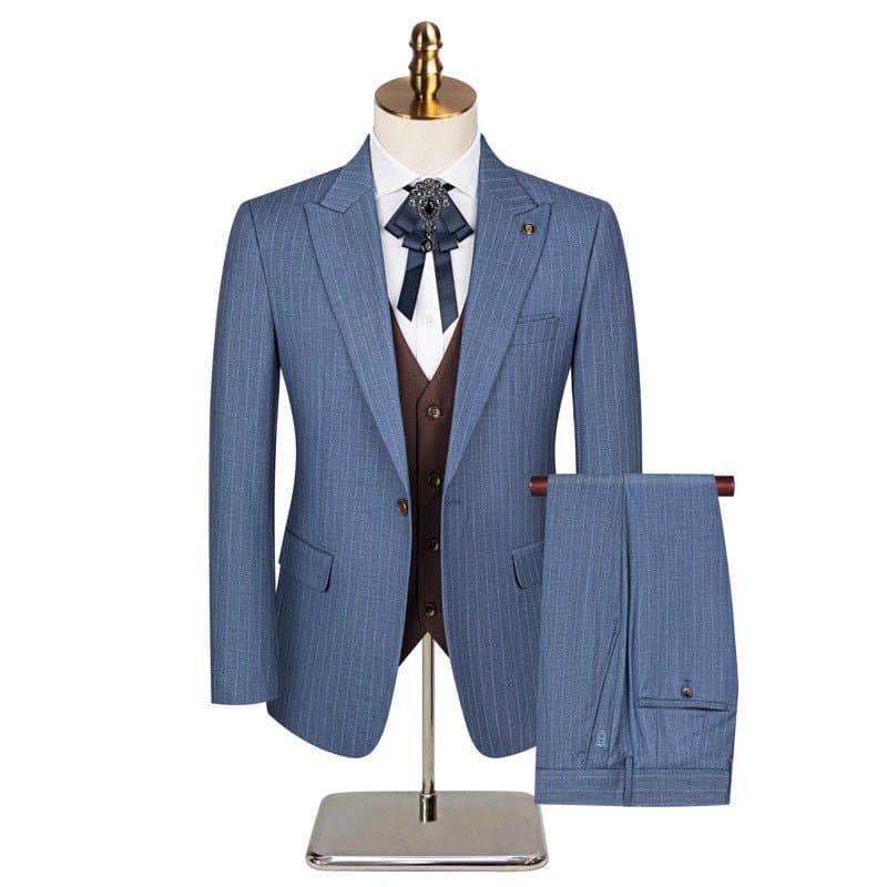 Steel Blue Pinstripe 3-Piece Suit Set with Coffee Brown Vest - Slim Fit Jacket Trousers