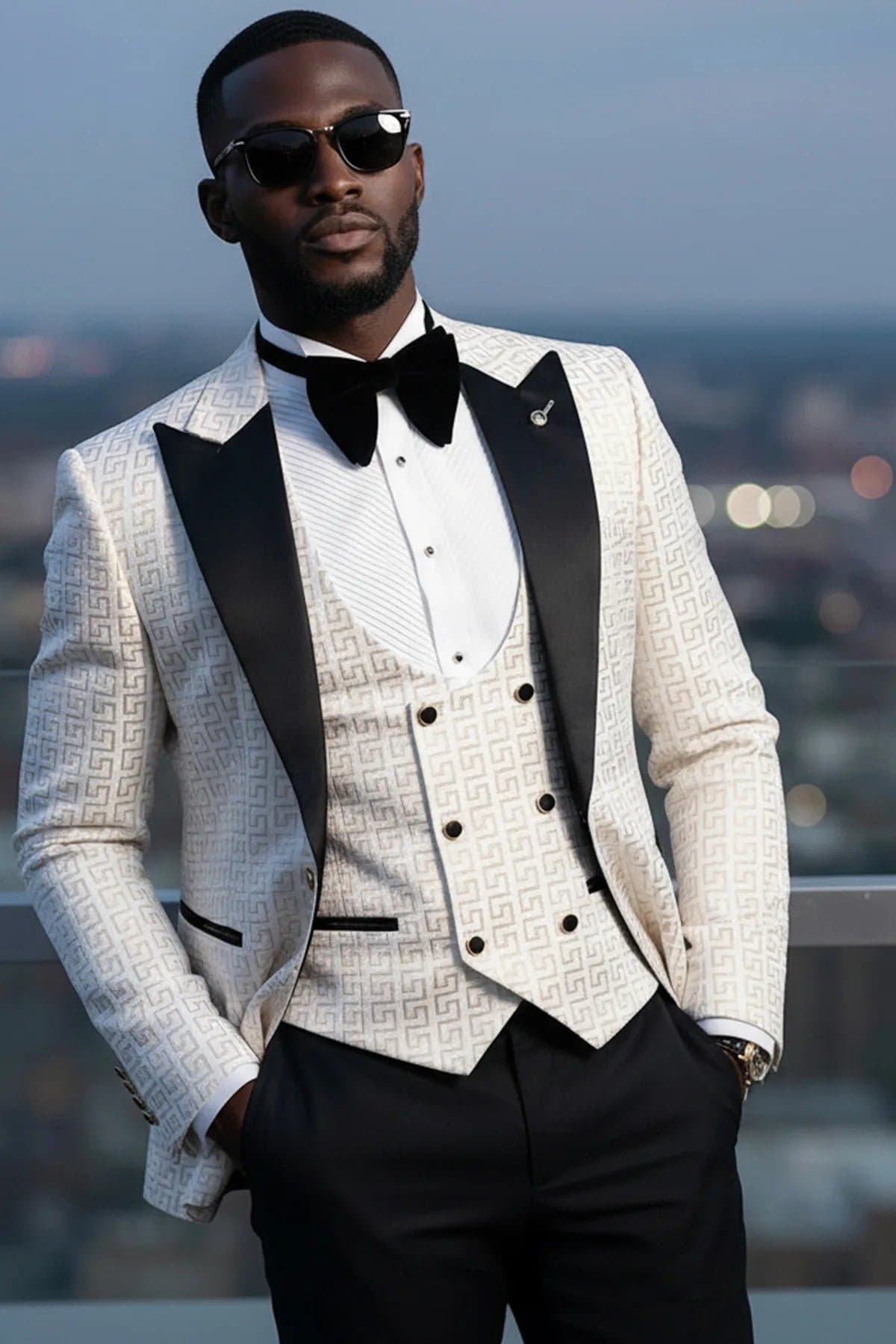 Alabaster Pantheon White & Gold Jacquard 3-Piece Slim Fit Tuxedo Jacket Vest Trousers