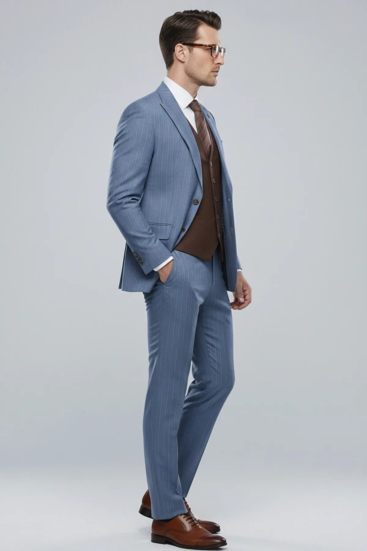 Steel Blue Pinstripe 3-Piece Suit Set with Coffee Brown Vest - Slim Fit Jacket Trousers