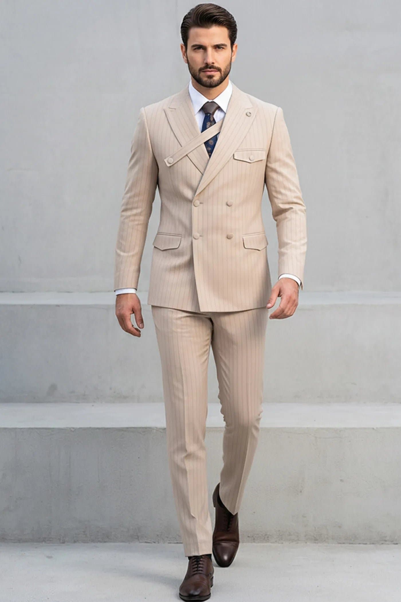 Sandstone Beige Pinstripe 2-Piece Double-Breasted Suit - Slim Fit Jacket and Trousers
