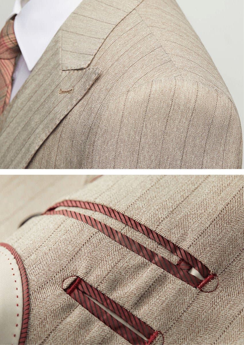 Khaki Herringbone Pinstripe 3-Piece Suit Set - Jacket Vest Trousers Modern Slim Fit