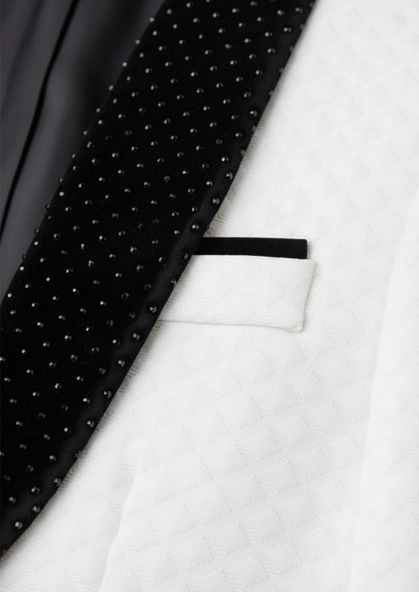 White Jacquard Velvet 3-Piece Tuxedo Slim Fit - Alabaster Masterpiece Jacket Vest Trousers