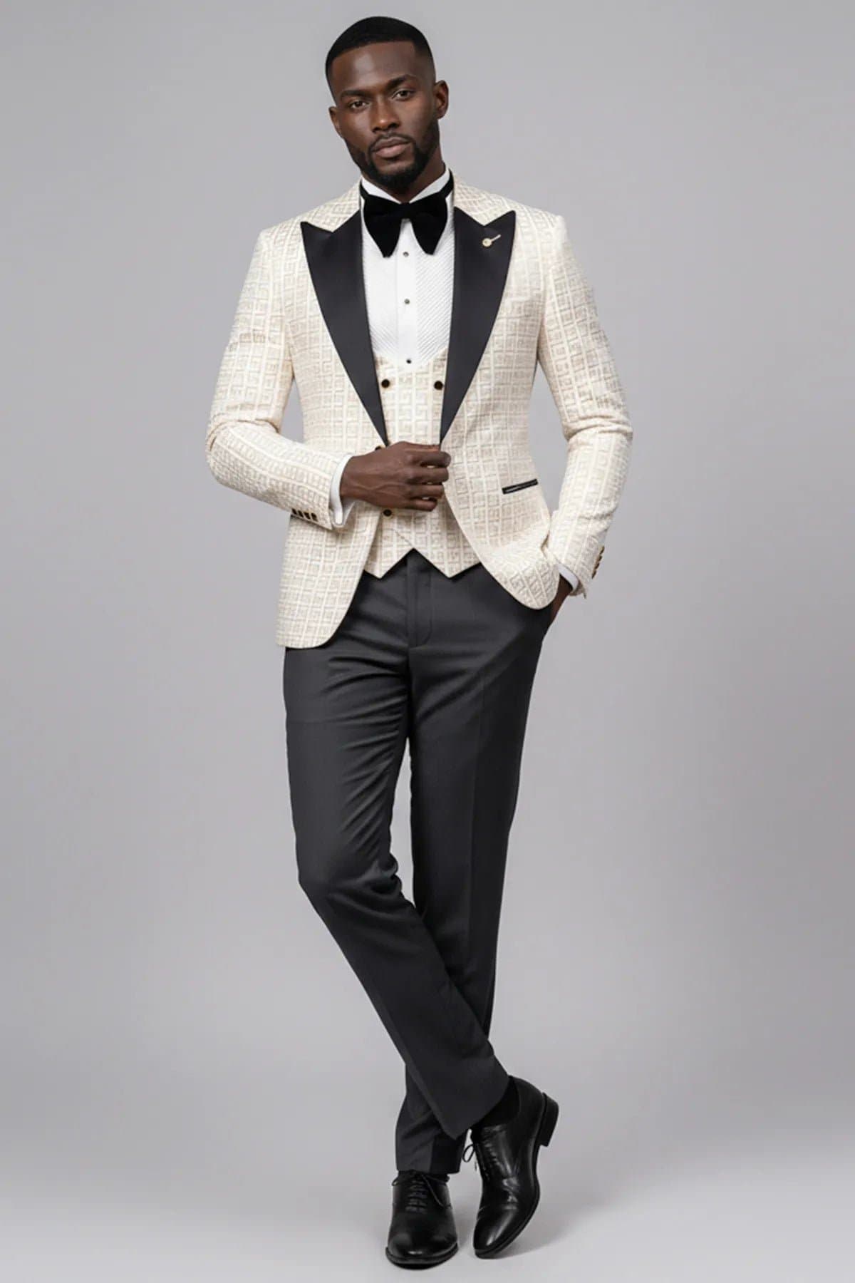 Alabaster Pantheon White & Gold Jacquard 3-Piece Slim Fit Tuxedo Jacket Vest Trousers