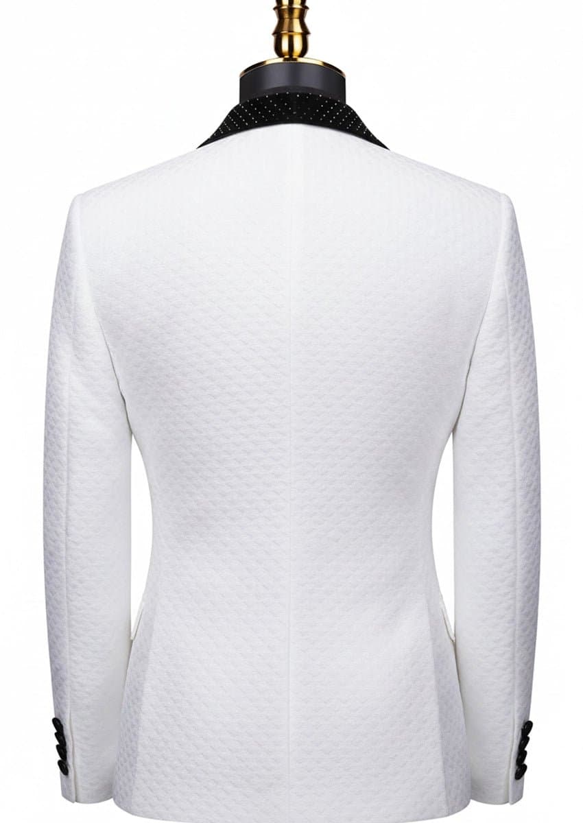 White Jacquard Velvet 3-Piece Tuxedo Slim Fit - Alabaster Masterpiece Jacket Vest Trousers