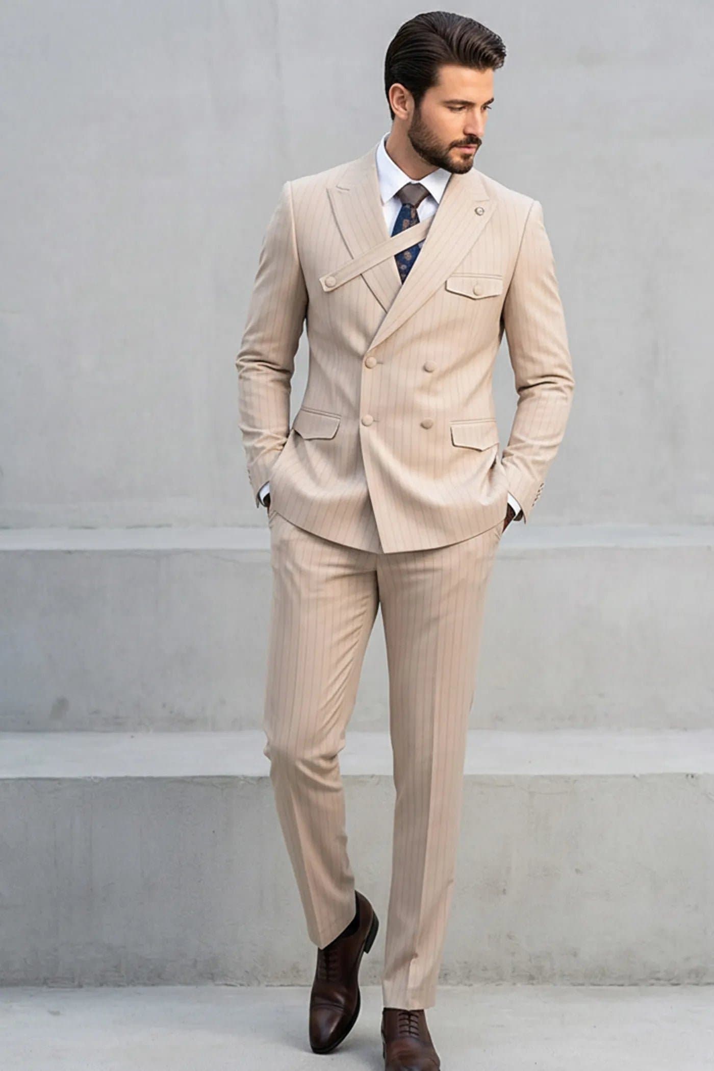 Sandstone Beige Pinstripe 2-Piece Double-Breasted Suit - Slim Fit Jacket and Trousers