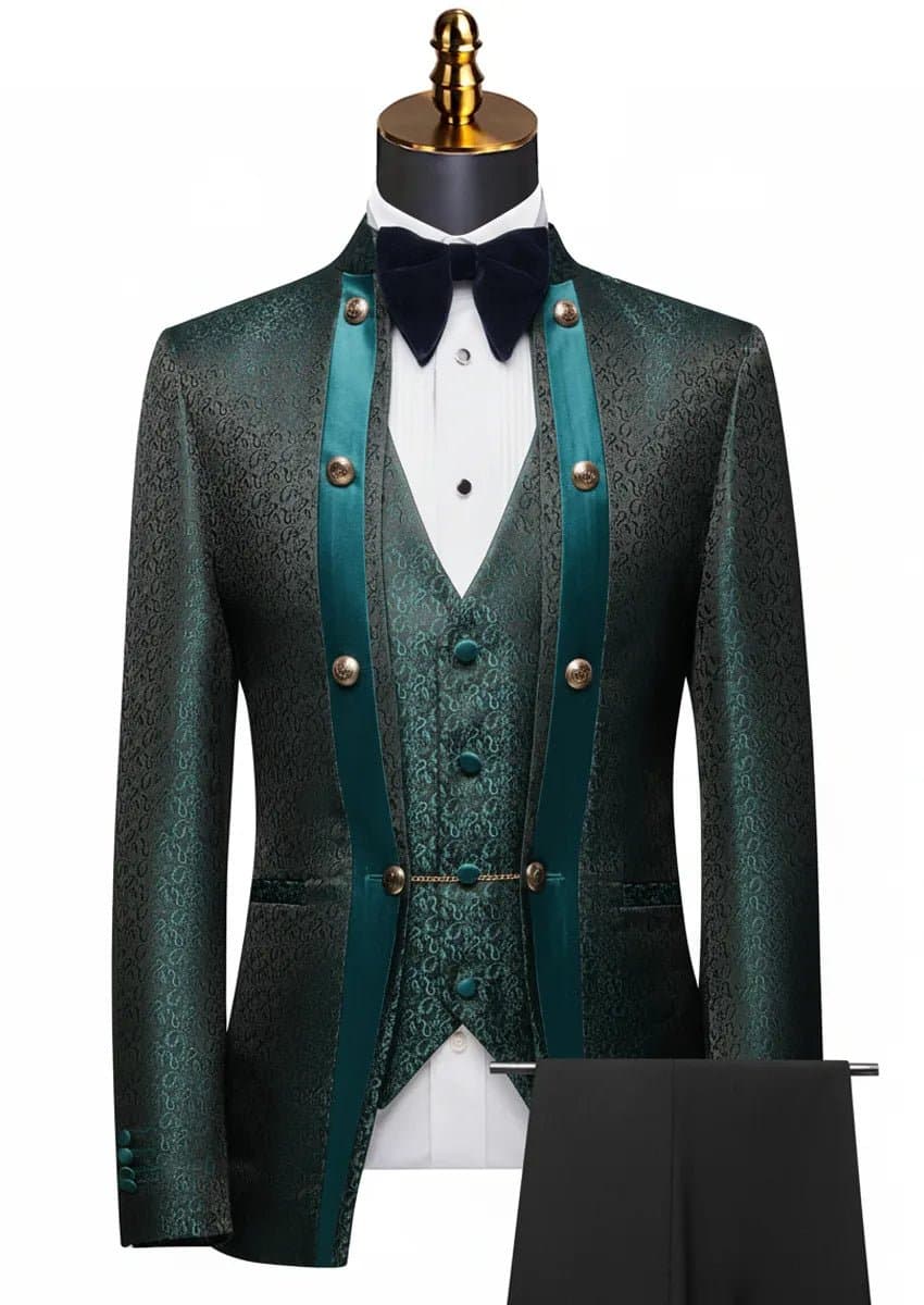 Jade Overlord Emerald Green Paisley Jacquard 3-Piece Slim Fit Tuxedo